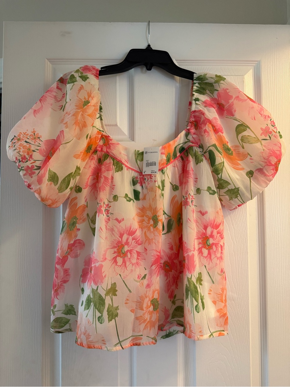Versona Floral Puff-Sleeve Square Neck Blouse - Pink, Peach & Green